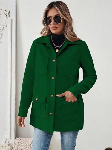 Generic Women's Dark Green Fall Winter Jacket: Casual Front Button Long Sleeve with Pockets (X-Large) - Image 4