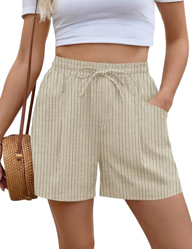 Rapbin Kurze Hose Damen Sommer Leicht Baumwolle Leinen Musselin High Waist Shorts Kurz Leinenhose Sommershorts Damenshorts mit Taschen Aprikose-Nadelstreifen L