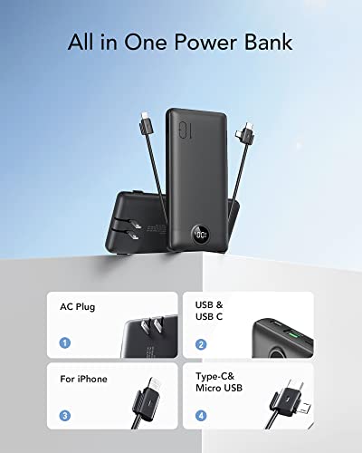 Power Bank With Built In Cables 10000Mah, Pd3.0 & Qc3.0 22.5W Usb C Fast Charging Portable Charger Built In Ac Wall Plug, Ultra Slim Battery Charger Compatible With Iphone/Samsung Note10/S20 S21 S22 #TOP1
