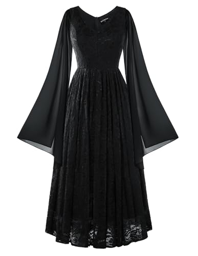 SCARLET DARKNESS Elegante Viktorianisches Kleid Langarm V-Ausschnitt Hochzeitskleid Abendkleid Festliche Spitzen Maxikleid Schwarz XL