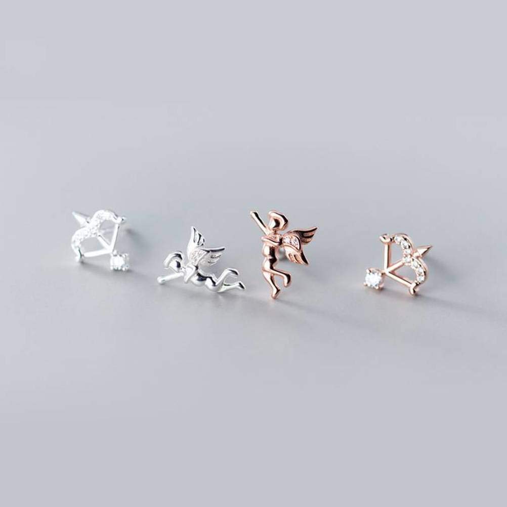 RWRAPS Ohrringe für Damen, S925 Silber Ohrringe Damen Asymmetrische Amor Engel Diamant Pfeil und Bogen Ohrringe Roségold