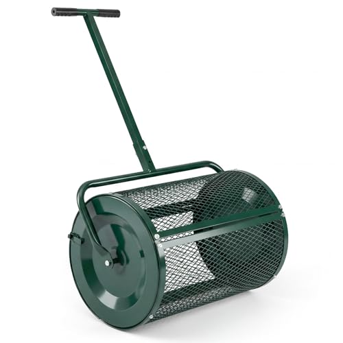 COSTWAY 27 Compost Spreader 76L Peat Moss Spreader Roller with Handle & Side Latches Metal Mesh Basket Push Fertilizer Spreader for Lawn and Garden (Green Height Adjustable T-shaped Handle)