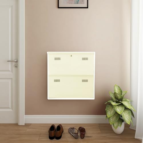 Image of Metal Shoe Rack Wall Mounted for Home with Central Locking | 2 Door 28 inch Wall Mounted Metal 6 Pair Shoe Rack Cabinet | Pre-Assembled Rack Shelves | 3 Year Warranty (Ivory)