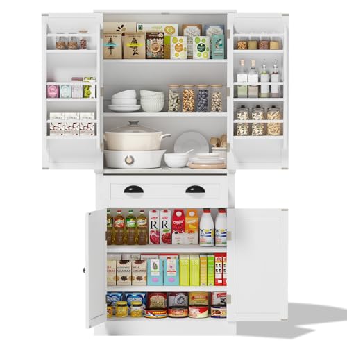 KecDuey Armadio alto da 182 cm, 4 ante e 1 cassetto, 2 ante con ripiani, 6 scomparti e 4 ripiani regolabili, per cucina, sala da pranzo e soggiorno (bianco)