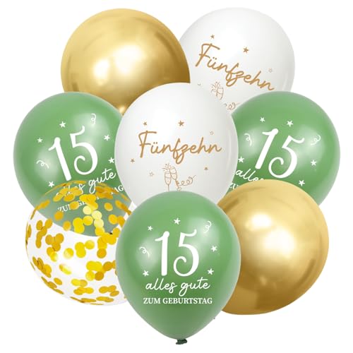 Luftballons 15 Jahre Geburtstag, 30 Stück Deko 15. Geburtstage Junge Mädchen, 15 Alles Gute zum Geburtstag Ballons, Salbeigrüne Gold 15. Geburtstagsdeko, 15th Birthday Konfetti Ballon Party
