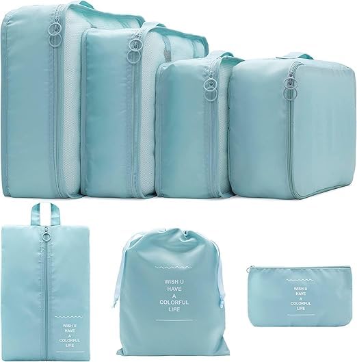 HomeyBiz 7pcs Set Travel Organizer Packing Cubes Lightweight Travel Luggage Organizers with Laundry Bag or Toiletry Bag Laundry Organiser Polyester (sky blue)-image-46