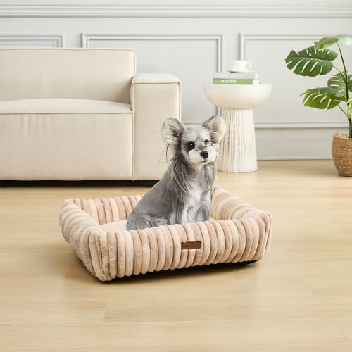 Image of Modern Threads Ribbed Plush Two-Tone Cuddler Dog Bed, Ultra-Soft Faux Rabbit Fur, Supportive Bolstered Sides, Removable Washable Cover, Bed for Medium Dogs, Cream, (28 inch L x 21 inch W x 9 inch Th)