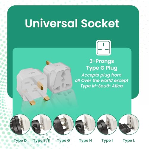 Image of rts (2 Pack) India to England London UK Travel Plug Adapter Converter Type G Compatible with UK, UAE, Dubai, Scotland British Qatar Irish & Hong Kong - Ideal for Laptops, Mobiles, Tablets, Chargers