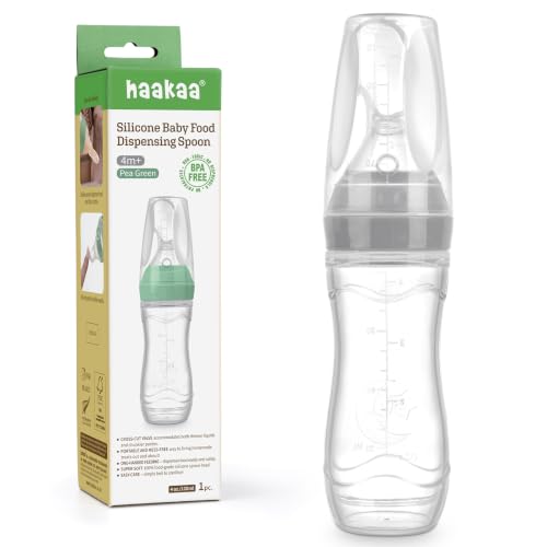 Haakaa Silicone Baby Food Dispensing Spoon Feeder 4oz - Infant Squeeze Cereal Feeder, Baby Fresh Food Feeder, Feed Bottle for Puree, Solid Baby Food, BPA Free, 4m+ Babies – Grey