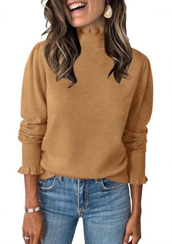 Image of Womens Ruffle Mock Neck Sweater Puff Long Sleeve Fall Trendy Pullover Tops | Fall Winter Clothes, Soft, Business Casual Outfits, Trendy Fashion, Knitted Shirts