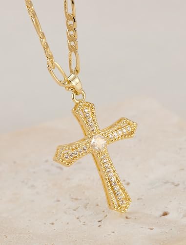 Kyhvoux 14K Gold Plated Cross Necklace for Women, Cubic Zirconia Copper Cross Pendant, Valentine's Mother's Day Gifts for Her with Jewelry Box 22" Figaro Chain, Alloy Brass CZ Diamond Bridal Wedding — view 6