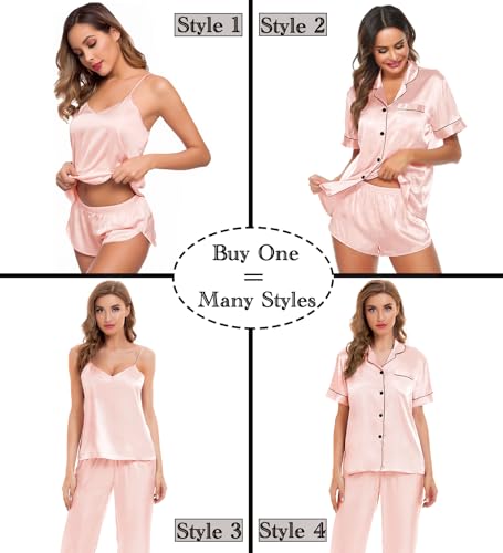 Image of SWOMOG Womens Silk Satin Pajamas Sets 4pcs Sleepwear Sexy Cami Shorts Set and Button Down Short Sleeve Pjs Loungewear Blush Pink Medium