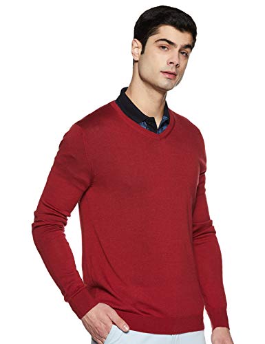 Celio MERINOS Pull à col en V, Rouge (Dark Red), Large Homme