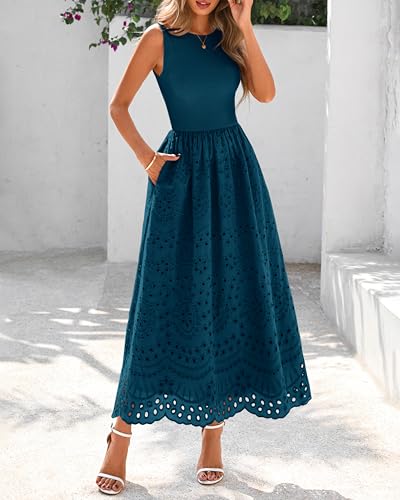 Image of dowerme Women Summer Dresses 2026 Casual Sleeveless Crewneck A-Line Boho Lace Eyelet Cotton Tank Maxi Dress with Pockets