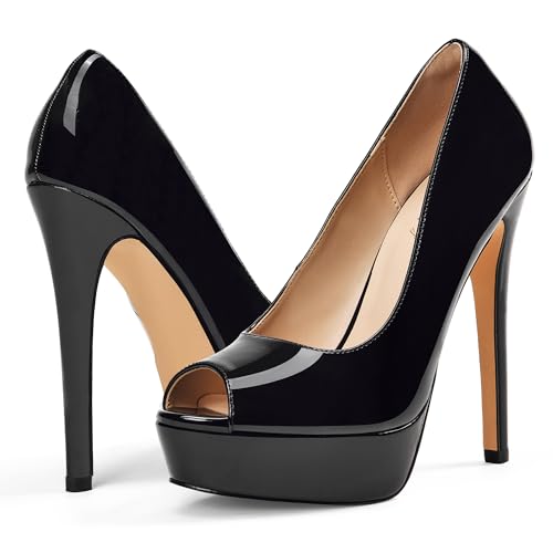 Image of Elisabet Tang Women's Platform High Heels Pumps Shoes Peep Toe 5.5 inch Stilettos Slip On for Dress Wedding Party Prom