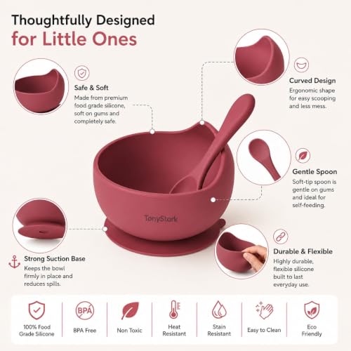 Image of TONY STARK Silicone Unbreakable Baby Bowl & Handle Spoon - Suction Design, Non-Slip, BPA Free, Dishwasher & Microwave Safe (Wine Red, 1 Piece)
