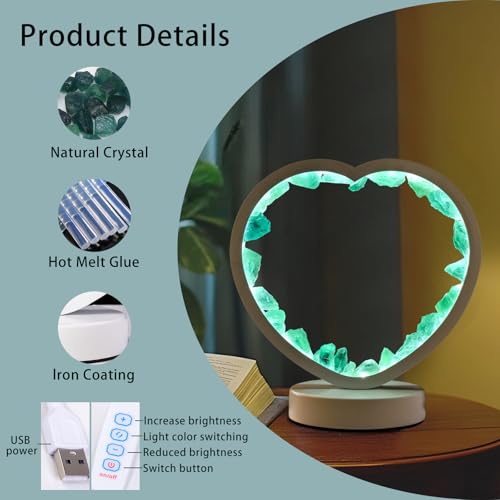 Image of Runyangshi Natural Crystal Night Lamp Heart Shape Bedroom Bedside Sleep Night Light Healing Crystal Gemstone Green Fluorite Light Tri-Color Ambient Light USB Powered for Home Decor Gift