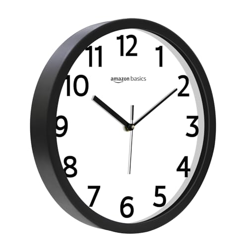 Image of Amazon Basics Plastic 12-Inch Wall Clock | Analog Operation | Durable Polypropylene Construction | Silent Precision | Battery-Powered | 1-Year Warranty (Black)