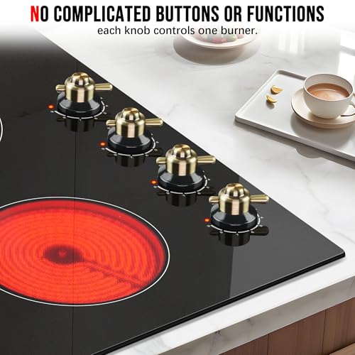 Image of Karinear 24 Inch Electric Cooktop 4 Burners Electric Stove, Knob Control | 6000W High Power Radiant Ceramic Cooktop, Built-in Design, 220-240V Hardwire, No Plug, Overheat Protection(Gold Knob)