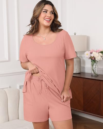 Image of Womens Plus Size Pajama Sets 2 Piece Summer Outfits Short Sleeve Tops Shorts with Pockets for Lounge Sleepwear