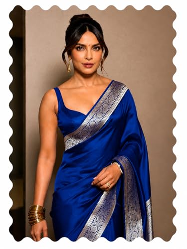 Image of Women's Glory Womens Satin Saree with Silver Woven Border | Elegant Plain Glossy Silk Saree for Party, Wedding, Reception & Festive Style with Unstitched Blouse Piece
