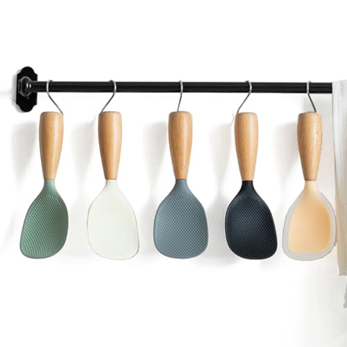 BRIIEC 1pc Green Silicone Rice Serving Spoons with Wooden Handle, Heat Resistant Rice Spoon, Nonstick Standing Rice Ladle Scooper Spatula for Home,Kitchen, Restaurant