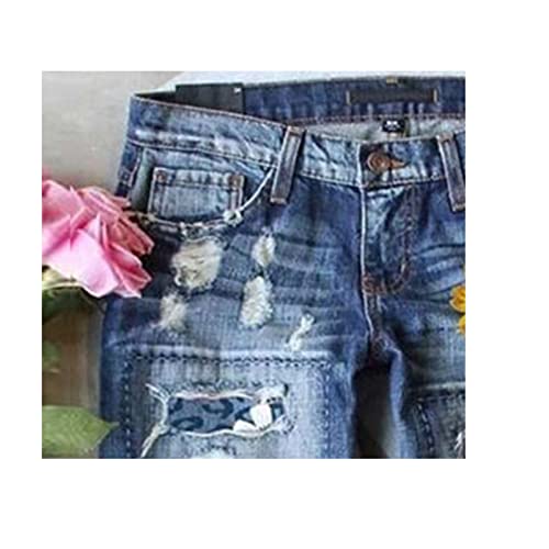 Women's Patchwork Straight Leg Jeans Plaid Patch Boyfriend Skinny Distressed Denim Ripped Slim Fit Raw Hem Jeans2