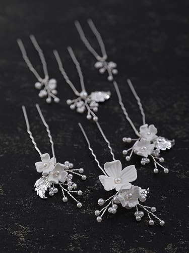 Handmade-Pearl-Bridal-Wedding-Hair-Pins-6Pcs-White-Flower-Silver-Leaf-Pearls-Clips-Headpiece-Accessories-Jewelry-for-Bridesmaids-Party-Piece-Women-and-Girls-Blossoms-Silver