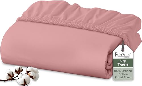 Image of Royale Linens 100% Organic Cotton Fitted Sheet - Percale Weave - Super Soft Deep Pocket Bottom Sheets - Pink Elastic Sheet Twin Size - Twin Fitted Sheets Only - (39 inchx75 inch+15 inch, Pink)