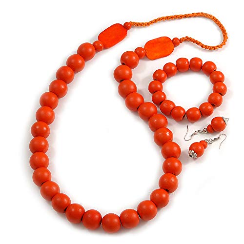 Collar de madera naranja largo de 80cm con acabado artesanal pulido Avalaya