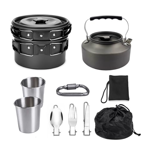 Open Orbit Camping Cookware Set All-in-One Outdoor Cooking & Dining Kit with 1.1L Teapot Nesting Pot Stainless Steel Cups & Cutlery Lightweight Space-Saving Camp Gear for Hiking & Travel