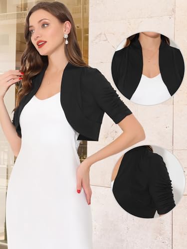 Image of Allegra K Short Sleeve Shrugs for Women Ruched Sleeve Open Front Cropped Bolero Cardigan
