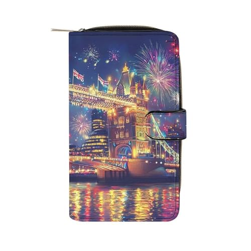 Tower Bridge in London Fireworks Fashion Women's Wallet RFID Blocking Bifold Clutch Purse Compact Card Holder 19.7x11x3.5cm