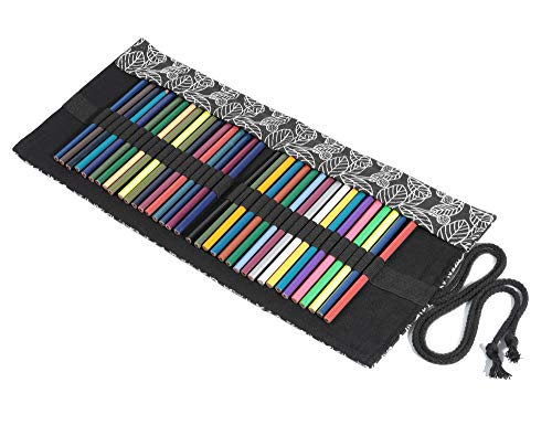 Image of Denifiter 24 Slots Colored Pencils Roll Bag, Pen Paint Brush Storage Pouch Portable for Artist, Women, Men (Black Leaf)