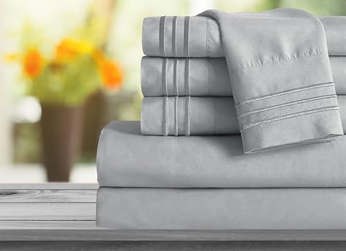 Image of Mocassi Full Sheet Set - Luxury Hotel 1800 Premier Bedding Sheets & Pillowcases - Ultra Soft Breathable & Cooling Bed Sheets - Deep Pocket - Wrinkle Resistant - 6 Piece Set - Full, Silver