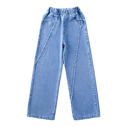 Kids Girls Elastic Waist Raw Side Wide Leg Baggy Denim Pants with Pockets Washed Straight Loose Fit Jeans3