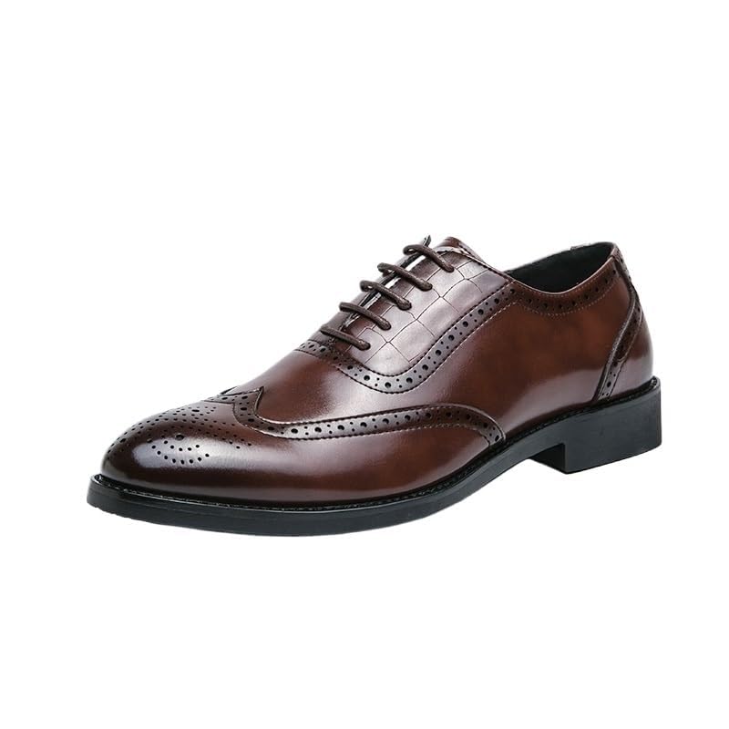 YZABEL Men's Patent Leather Formal Oxford Shoes, Classic Printed Pointed Toe Lace-Up Brogue Shoes, Low Top Rubber Non-Slip Flat Business