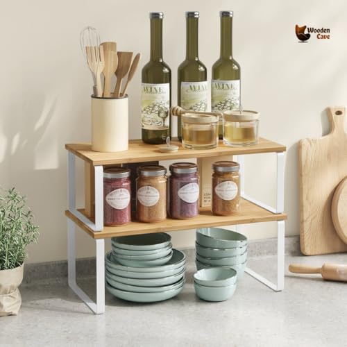 Image of Expandable Kitchen Organizer, Bamboo Finish Spice Rack with Metal Frame, Space-Saving Countertop Cabinet Shelf, Multipurpose Storage Solution (Double Rack (Large + Small))