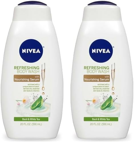 NIVEABasil and White Tea Body Wash with Nourishing Serum, 20 Fl Oz Bottle (Pack of 2)