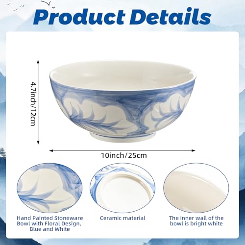 Image of Maxdot Blue and White Chinoiserie Pasta Bowl 10 X 10 X 5 Inche | Hand Painted Stoneware, Floral Chinoiserie Design, Pasta Salad Bowl, Decorative Dinnerware for Kitchen Centerpiece