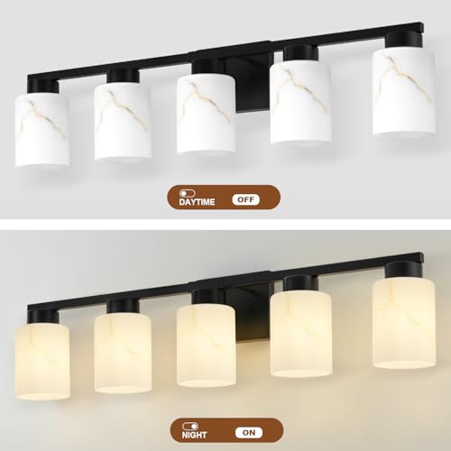 Image of 5-Light Bathroom Light Fixtures, Modern Vanity Lights, Black Metal Wall Lamp with White Marble Glass for Bathroom, Mirror, Living Room, Bedroom, Cabinet, Porch, Hallway, E26 Base