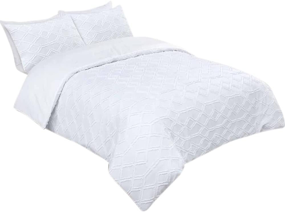wilko White Tufted Jacquard King Size Duvet Set, Polycotton Washable Jacquard Plain Duvet Set, 1.0cm H x 220.0cm W x 230.0cm D