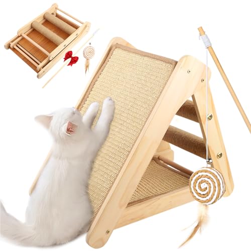 BluGun Cat Scratching Post Cat Scratching Board Cats Scratch Pad Kitten Scratcher Ramp Sisal Scratcher Posts for Indoor Cats Adults Solid Wood(with Wooden Cat Teaser)