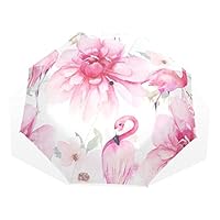 Poeticcity Watercolor Pink Flamingos and Peonies Floral Flowers on White Rain Travel Umbrella, Hand Open Close Windproof Waterproof Folding Umbrella, Compact Canopy Strong Ray Parasol Umbrella