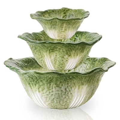 KXZ Green Cabbage Serving Bowl Set of 3 for Kitchen - Extra Large 60oz, 16oz, 5oz Nesting Mixing Bowls, Porcelain Dishes for Salad, Entertaining, Fruit, Vintage, Decorative, Ceramic Pho Soup Tureen