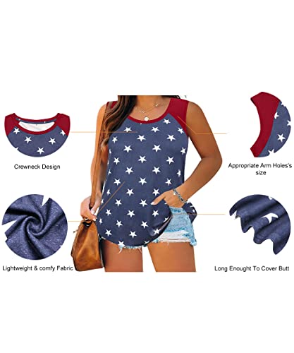Plus Size Tank Tops For Women Round Neck Blue Star Print Summer Colorblock Sleeveless Tshirt National Holiday Day Flag Patriotic Tanks Shirt Oversized Ladies Casual Cami 2X 2Xl 18W 20W #TOP1