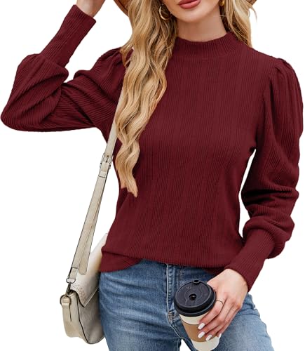 Image of JUSTFASHIONNOW Womens Fall Tops Turtleneck Long Sleeve Shirts Puff Sleeve Sweaters Trendy 2025 Ribbed Knit Pullover Sweater