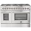 FORNO Galiano Dual Fuel 48" Inch. Freestanding Range 8 Sealed Brass Burners Cooktop - 6.58 Cu. Ft. Double Convection Electric Oven - Stainless Steel Stove Range Heavy Duty Cast Iron Grates