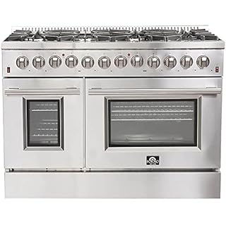 FORNO Galiano Dual Fuel 48" Inch. Freestanding Range 8 Sealed Brass Burners Cooktop - 6.58 Cu. Ft. Double Convection Electric Oven - Stainless Steel Stove Range Heavy Duty Cast Iron Grates