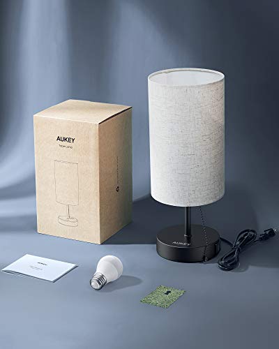 AUKEY Table Lamp, Fabric Shade Bedside Lamp with Warm White E26 LED Bulb and Dual USB Charging Ports for Bedrooms, Living Rooms, and Offices